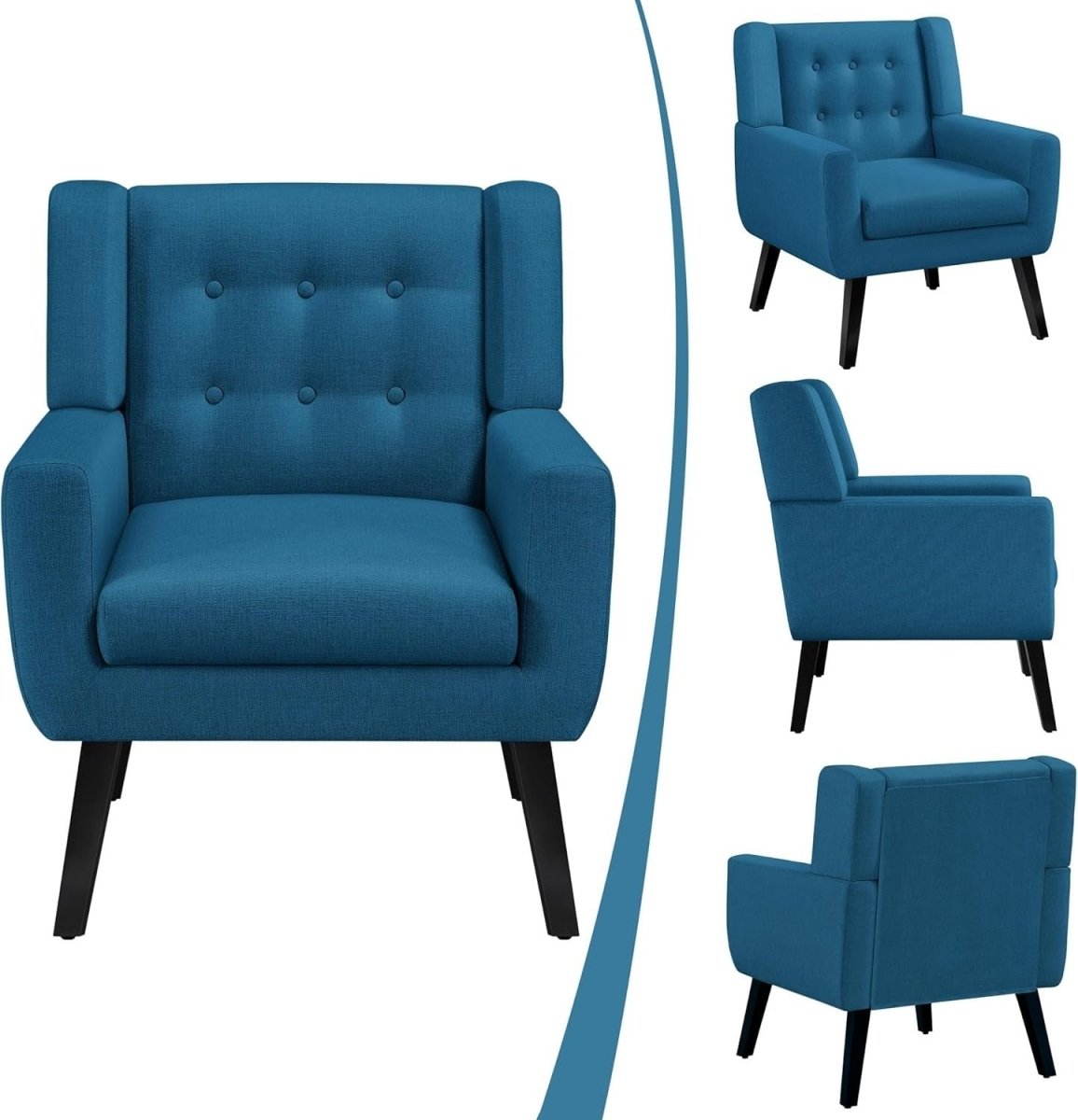 Tufted Navy Blue Armchair with Linen Cushion | Modern Cozy Accent Chair - Kwikley
