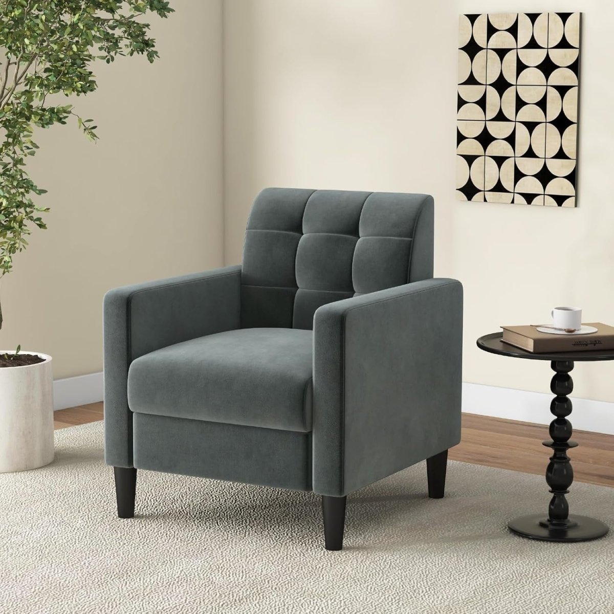 Tufted Velvet Accent Chair Armchair Lounge Seat Comfy Grey Sofa Modern - Kwikley