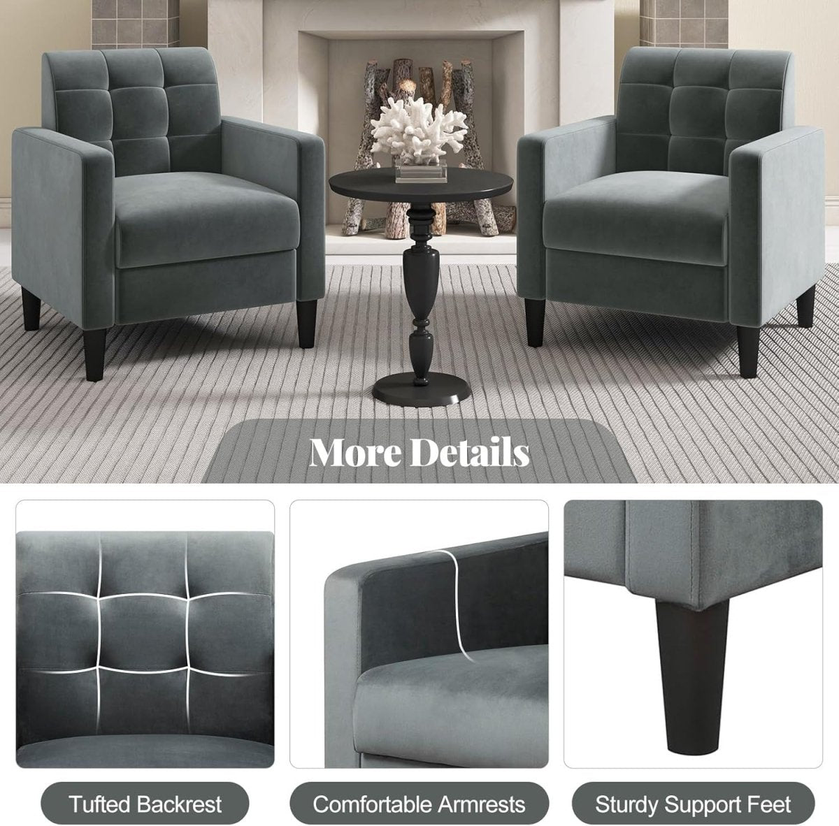 Tufted Velvet Accent Chair Armchair Lounge Seat Comfy Grey Sofa Modern - Kwikley