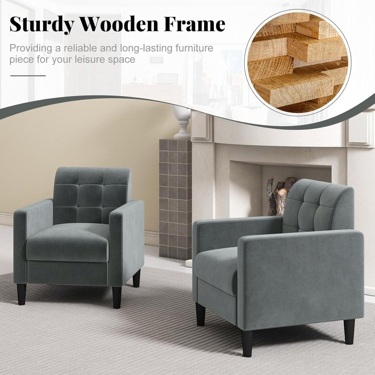 Tufted Velvet Accent Chair Armchair Lounge Seat Comfy Grey Sofa Modern - Kwikley