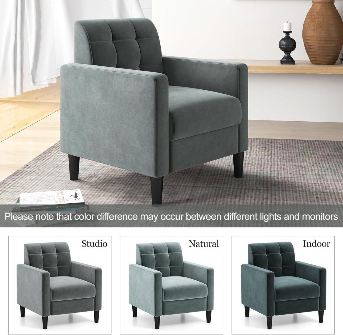 Tufted Velvet Accent Chair Armchair Lounge Seat Comfy Grey Sofa Modern - Kwikley