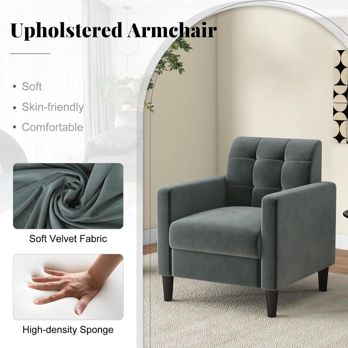 Tufted Velvet Accent Chair Armchair Lounge Seat Comfy Grey Sofa Modern - Kwikley