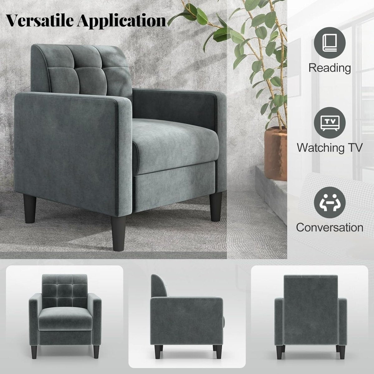 Tufted Velvet Accent Chair Armchair Lounge Seat Comfy Grey Sofa Modern - Kwikley