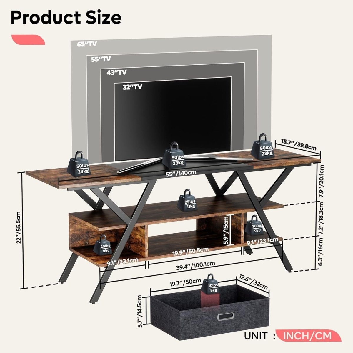 TV Stand Cabinet 55" with LED Lights Rustic Wood Media Unit Drawer Shelf - Kwikley