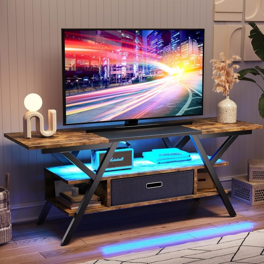 TV Stand Cabinet 55" with LED Lights Rustic Wood Media Unit Drawer Shelf - Kwikley