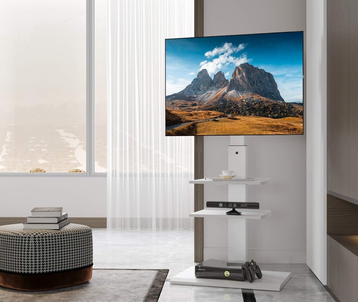 TV Stand Floor Mount 32-75" Swivel Tilt Shelf Heavy Duty White VESA 600x400 - Kwikley