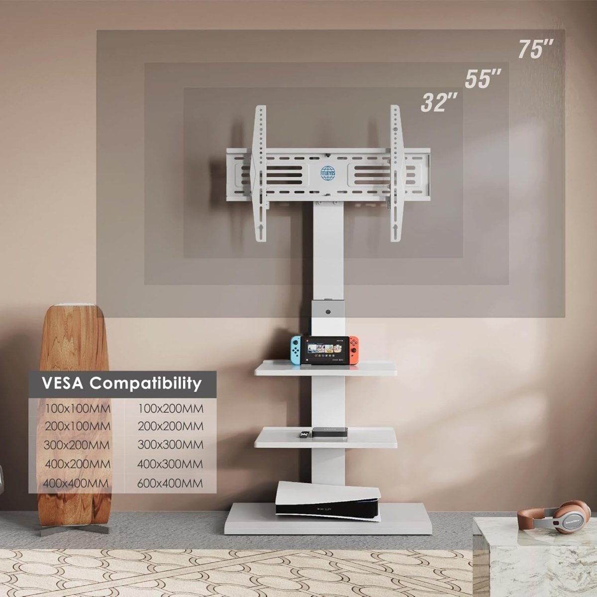 TV Stand Floor Mount 32-75" Swivel Tilt Shelf Heavy Duty White VESA 600x400 - Kwikley