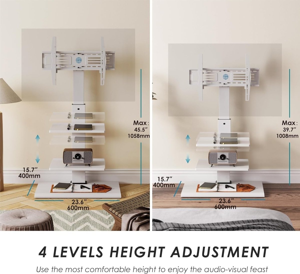 TV Stand Floor Mount 32-75" Swivel Tilt Shelf Heavy Duty White VESA 600x400 - Kwikley
