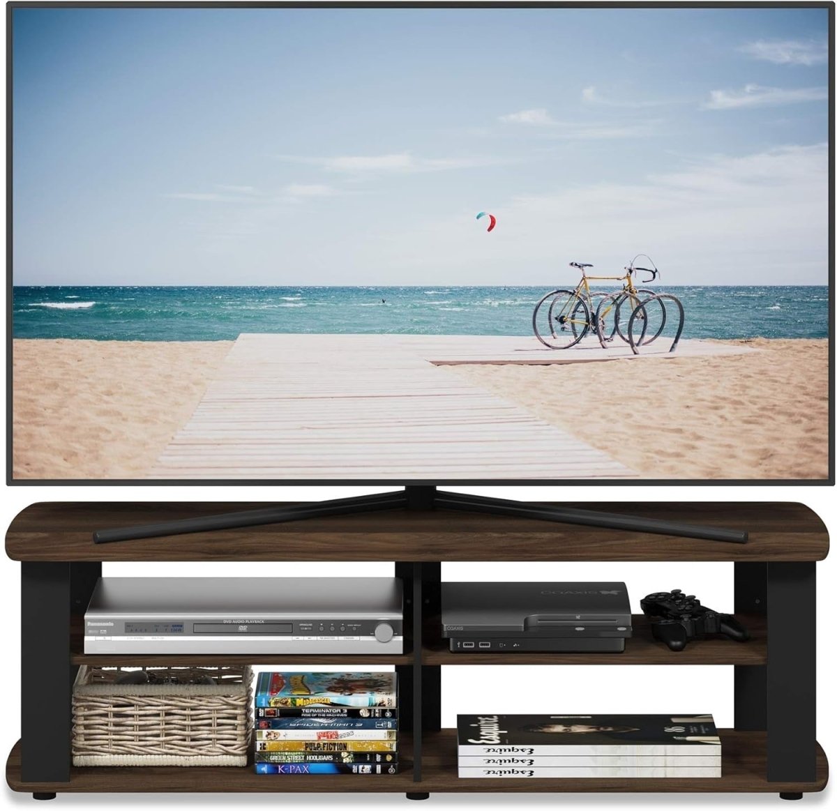 TV Stand for 48" Screen Wood Storage Unit - Modern Walnut Black Shelf - Kwikley
