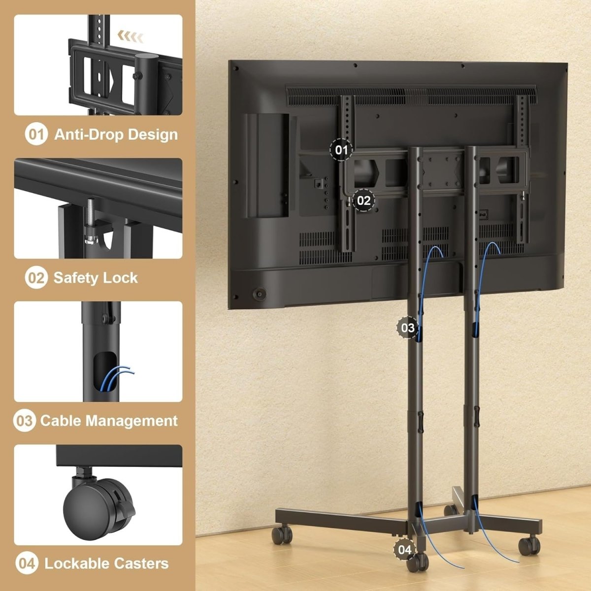 TV Stand Mobile Trolley 32-75" Wheels Height Adjustable VESA 600x400 - Kwikley