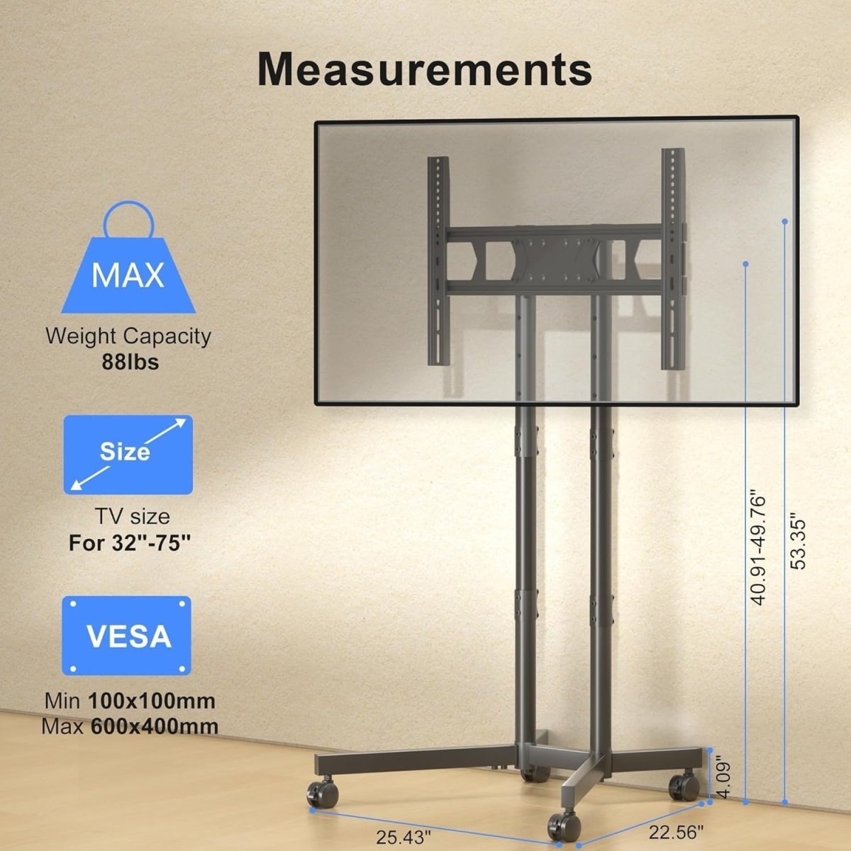 TV Stand Mobile Trolley 32-75" Wheels Height Adjustable VESA 600x400 - Kwikley