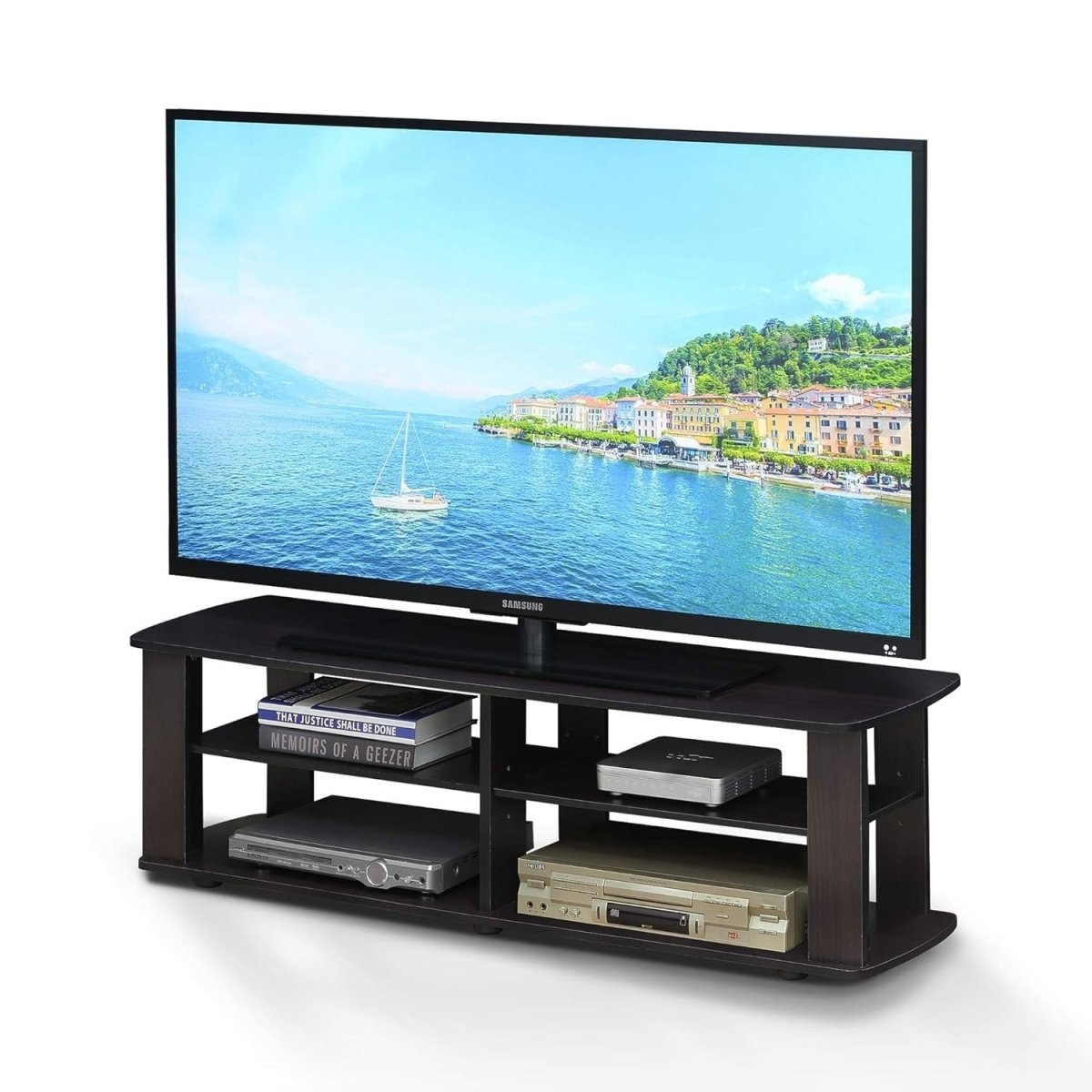 TV Stand Unit for 40" Flat Screens, Wood Storage Shelf, Dark Walnut - Kwikley