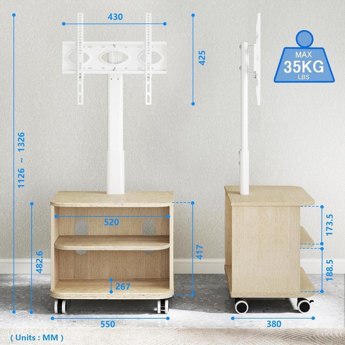TV Stand Wheels 32-65" Height Adjustable Cabinet Shelf VESA 400x400 - Kwikley