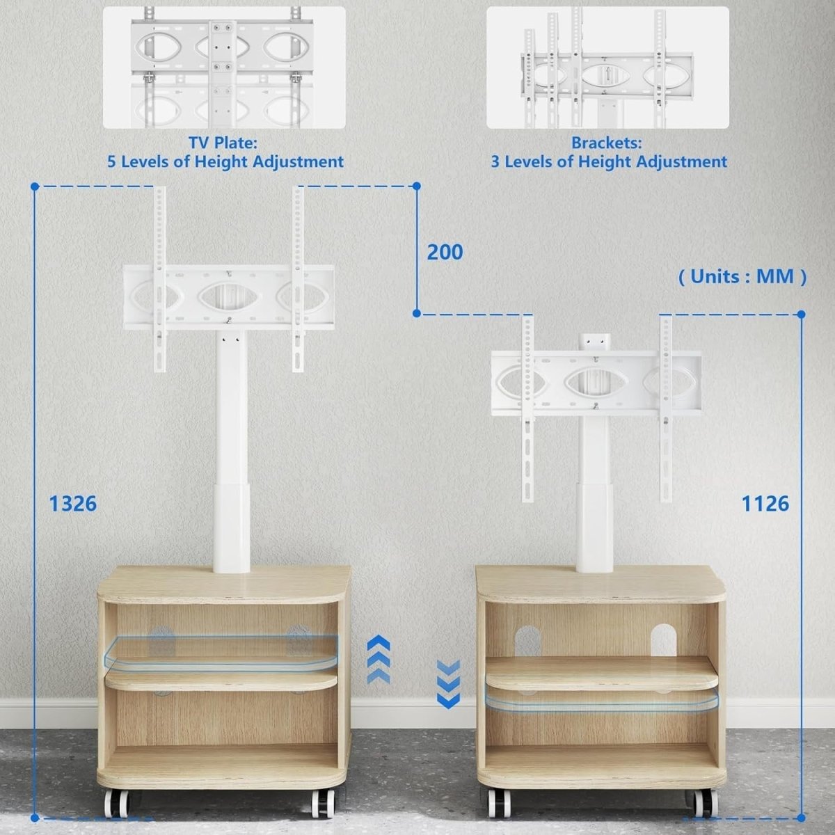 TV Stand Wheels 32-65" Height Adjustable Cabinet Shelf VESA 400x400 - Kwikley