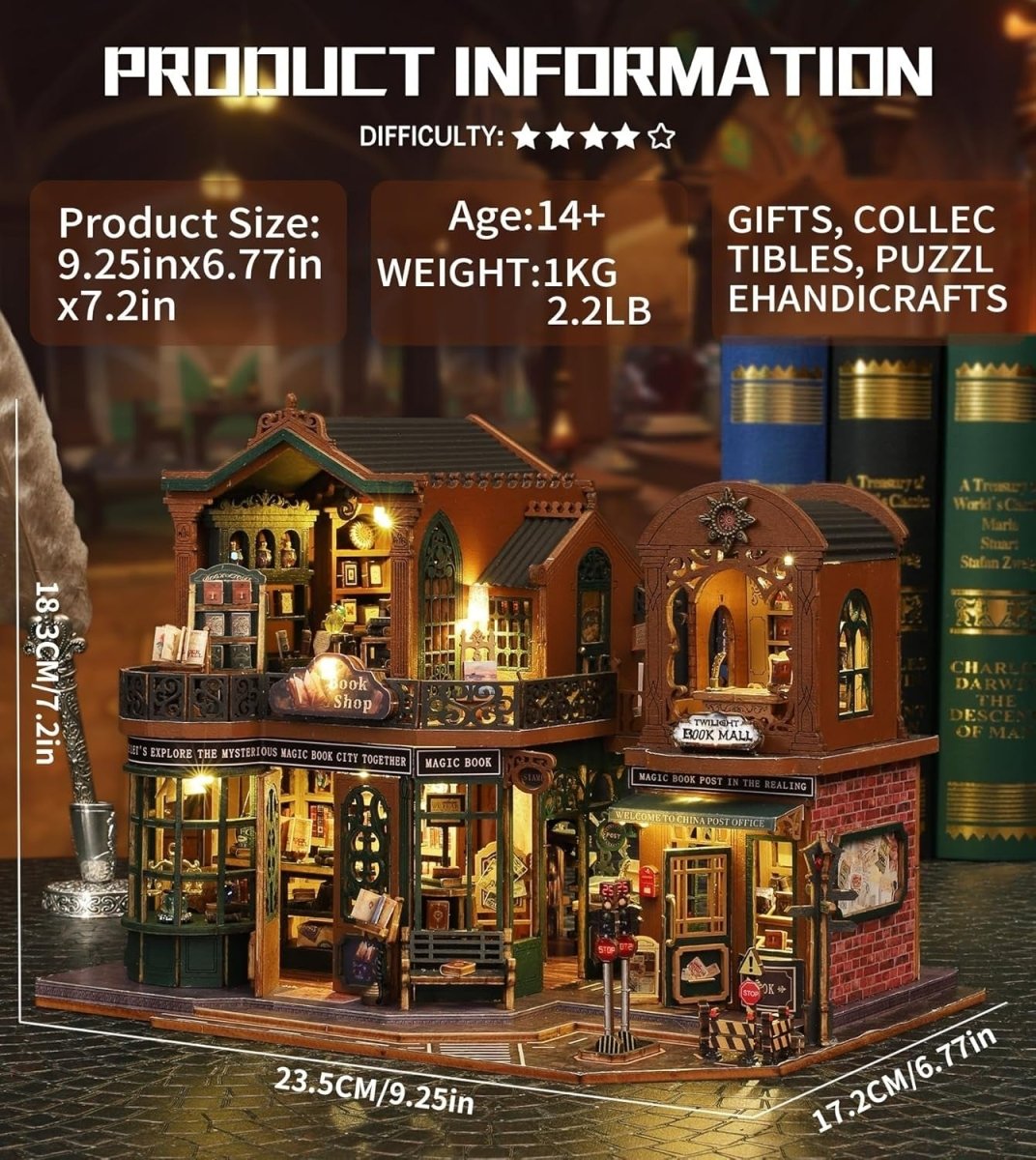 Twilight Book City Miniature House Kit LED DIY Book Nook Wooden Puzzle - Kwikley