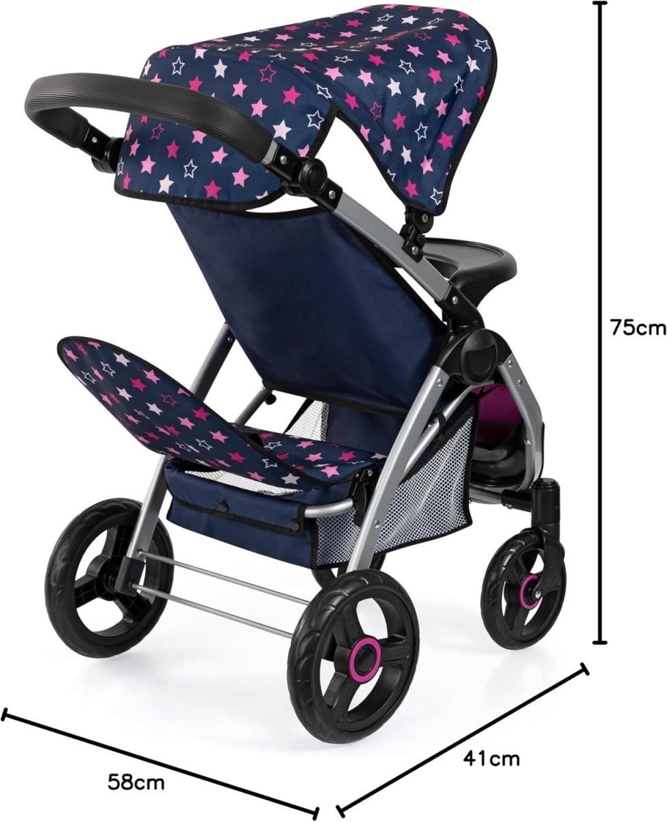 Twin Doll Pram Double Stroller Adjustable Handle Foldable with Canopy Bag - Kwikley