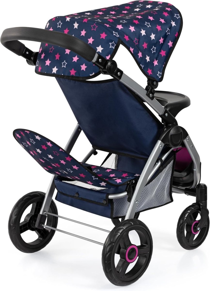 Twin Doll Pram Double Stroller Adjustable Handle Foldable with Canopy Bag - Kwikley