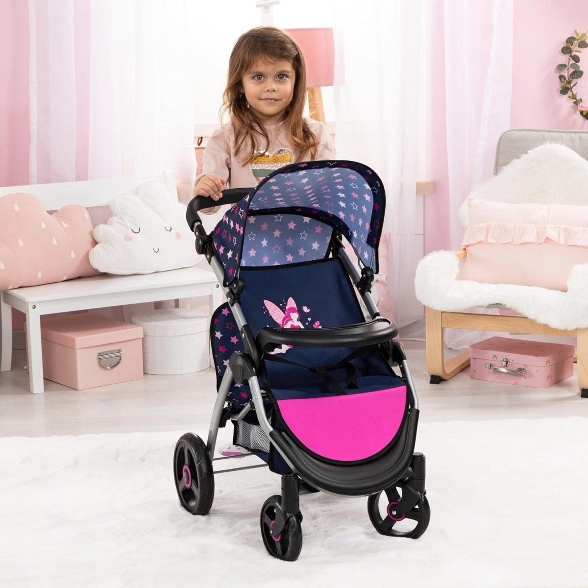Twin Doll Pram Double Stroller Adjustable Handle Foldable with Canopy Bag - Kwikley