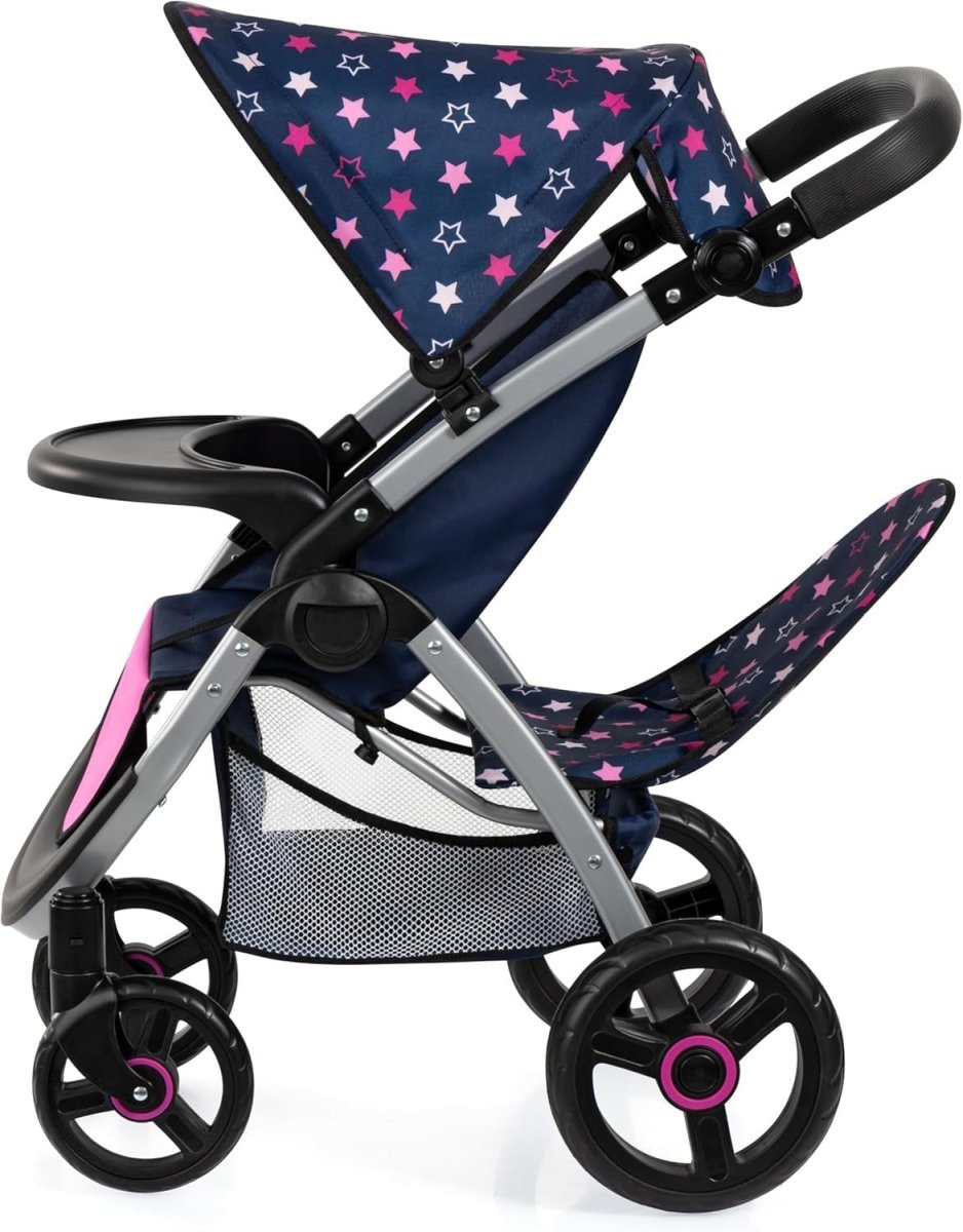 Twin Doll Pram Double Stroller Adjustable Handle Foldable with Canopy Bag - Kwikley