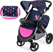 Twin Doll Pram Double Stroller Adjustable Handle Foldable with Canopy Bag - Kwikley