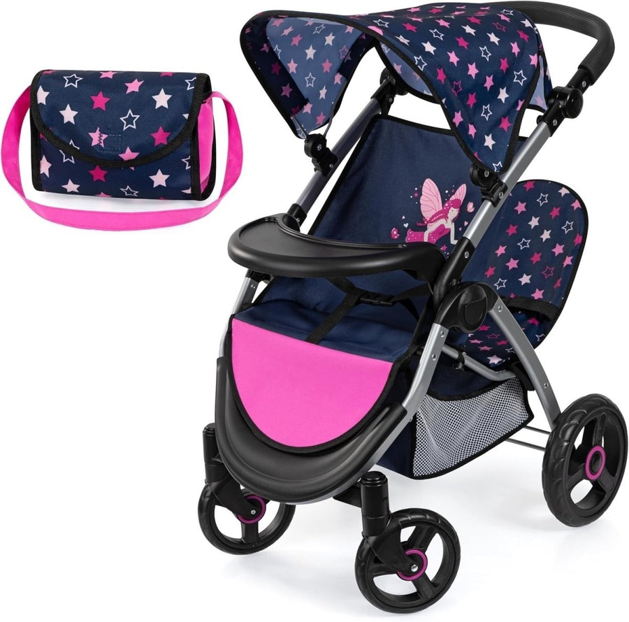 Twin Doll Pram Double Stroller Adjustable Handle Foldable with Canopy Bag - Kwikley