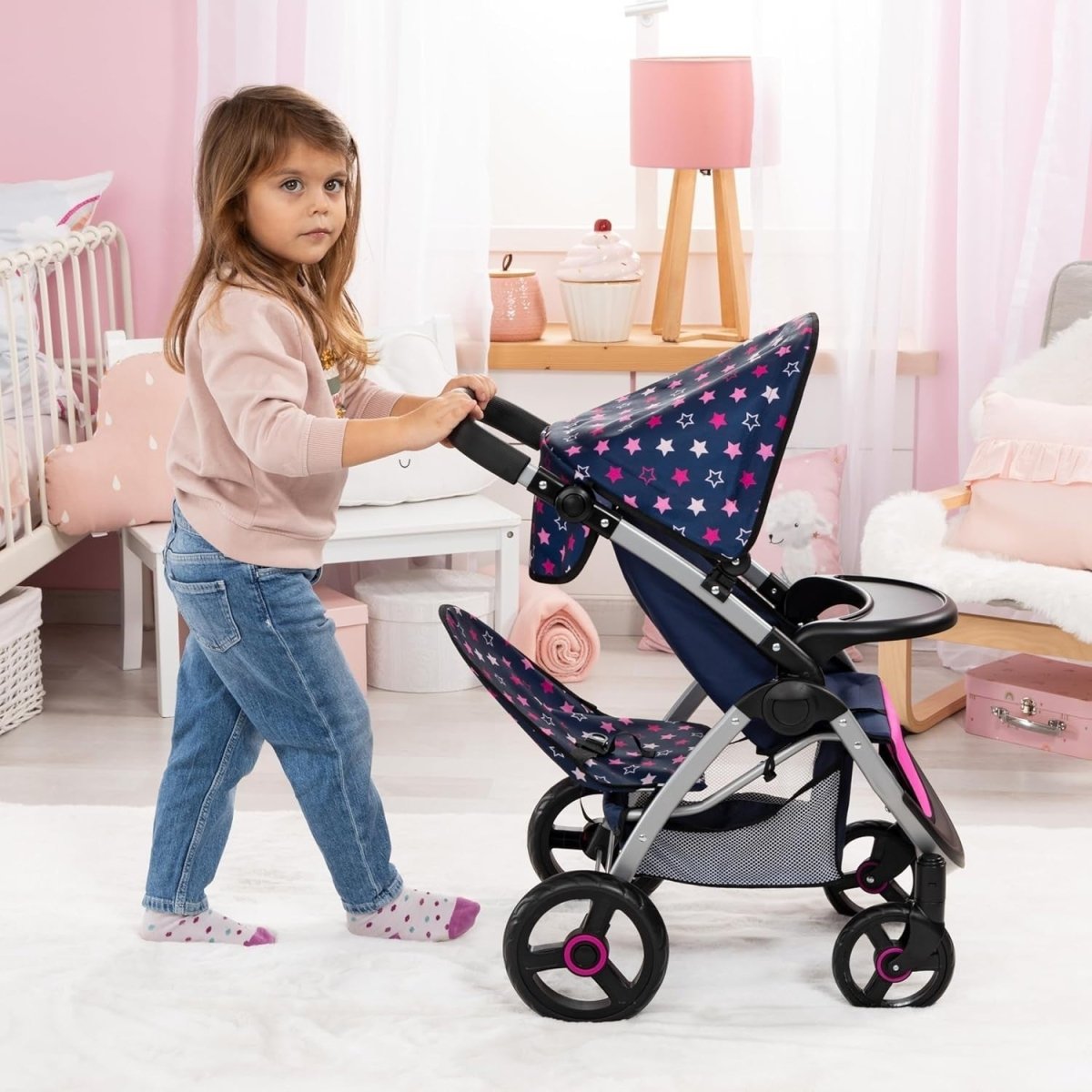 Twin Doll Pram Double Stroller Adjustable Handle Foldable with Canopy Bag - Kwikley