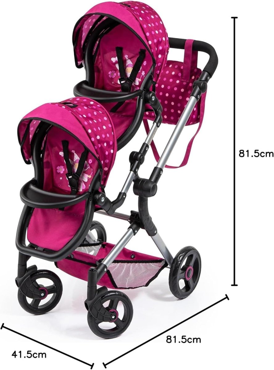 Twin Dolls Pram Tandem Pushchair Adjustable Reversible Handle Basket - Kwikley