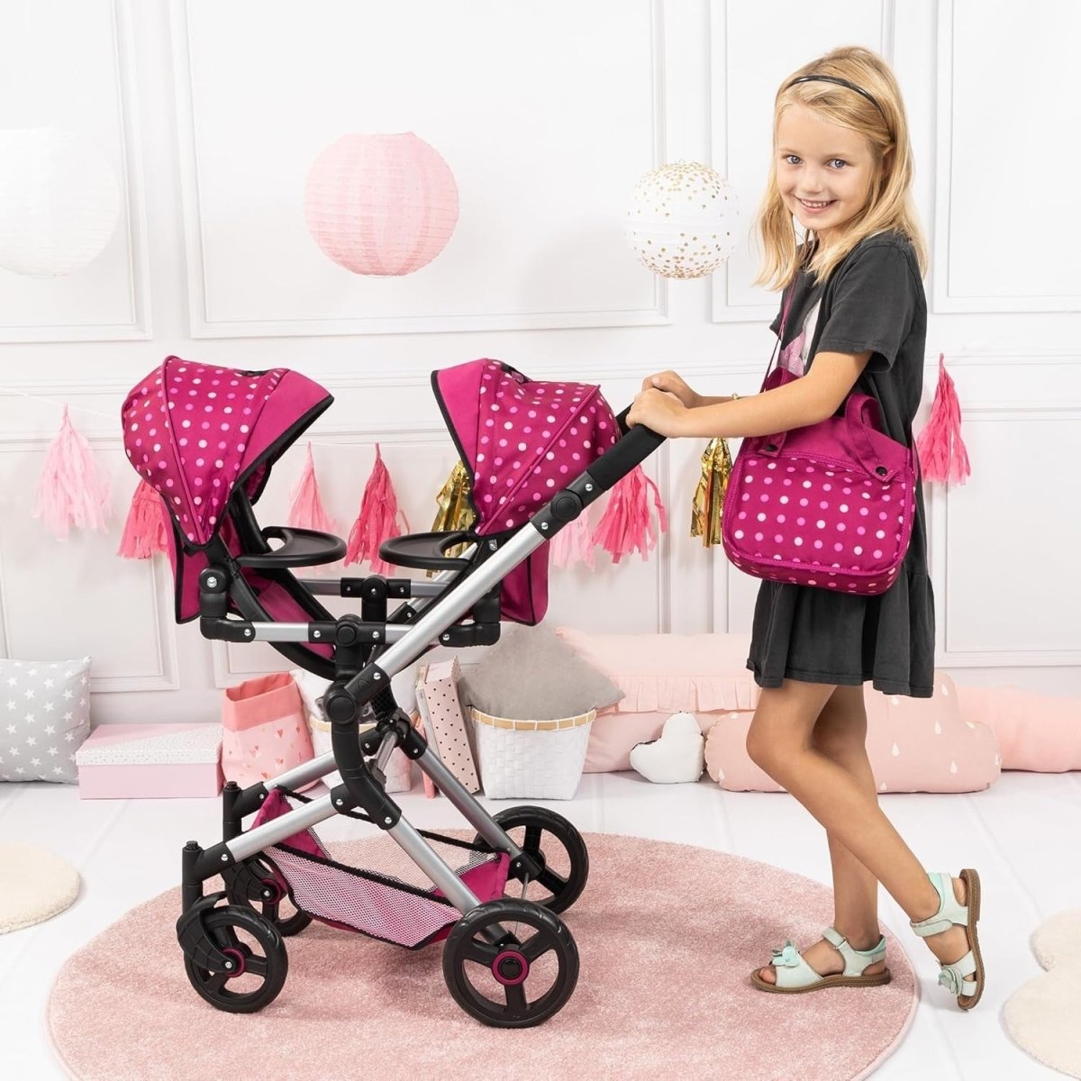 Twin Dolls Pram Tandem Pushchair Adjustable Reversible Handle Basket - Kwikley