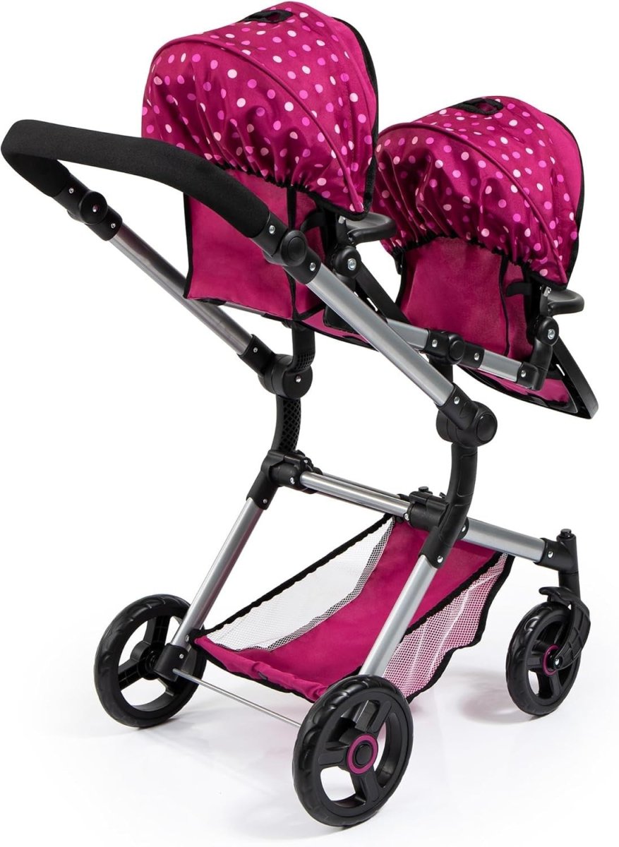 Twin Dolls Pram Tandem Pushchair Adjustable Reversible Handle Basket - Kwikley