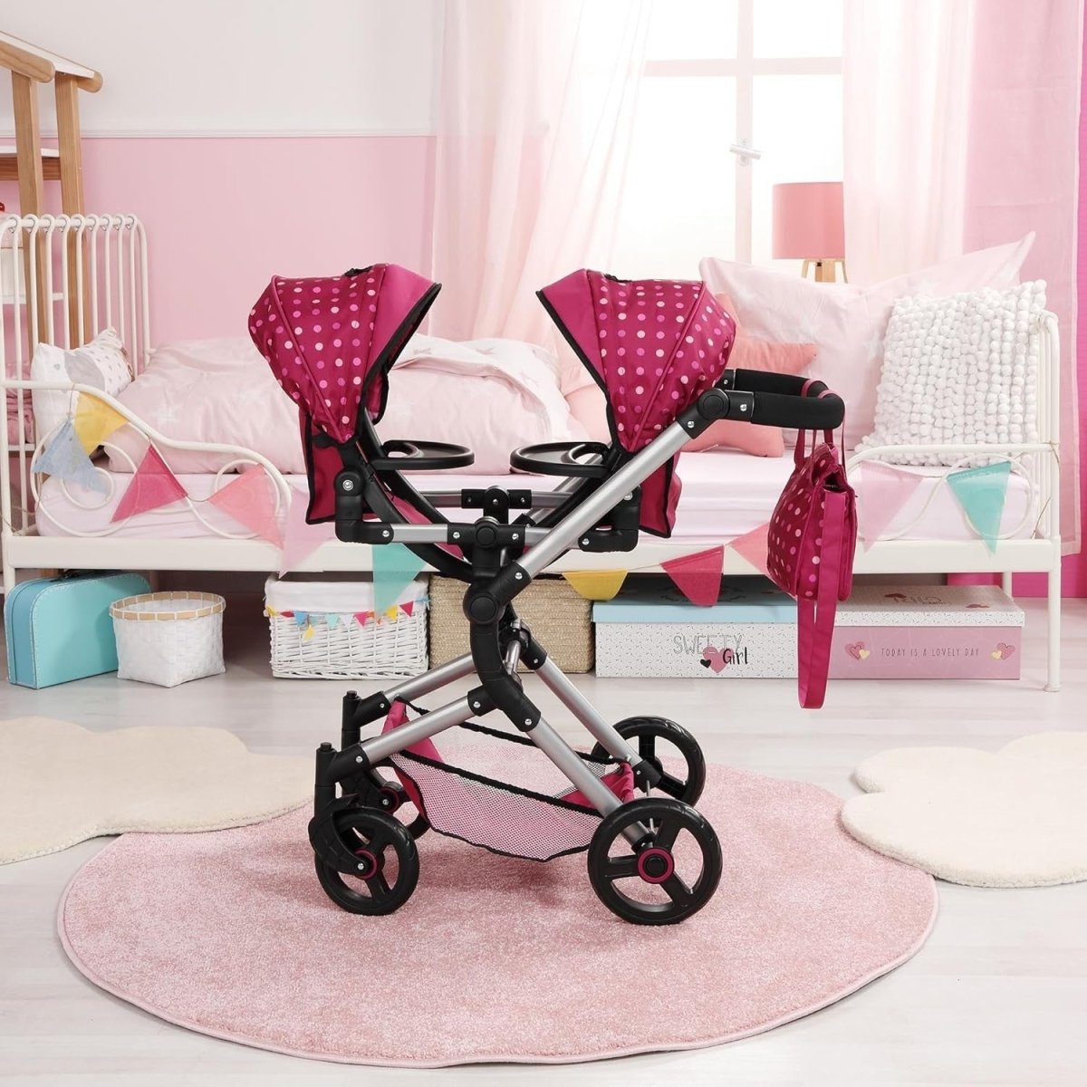 Twin Dolls Pram Tandem Pushchair Adjustable Reversible Handle Basket - Kwikley