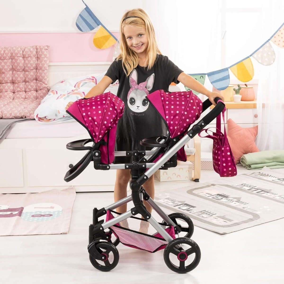 Twin Dolls Pram Tandem Pushchair Adjustable Reversible Handle Basket - Kwikley