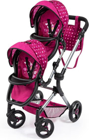 Twin Dolls Pram Tandem Pushchair Adjustable Reversible Handle Basket - Kwikley