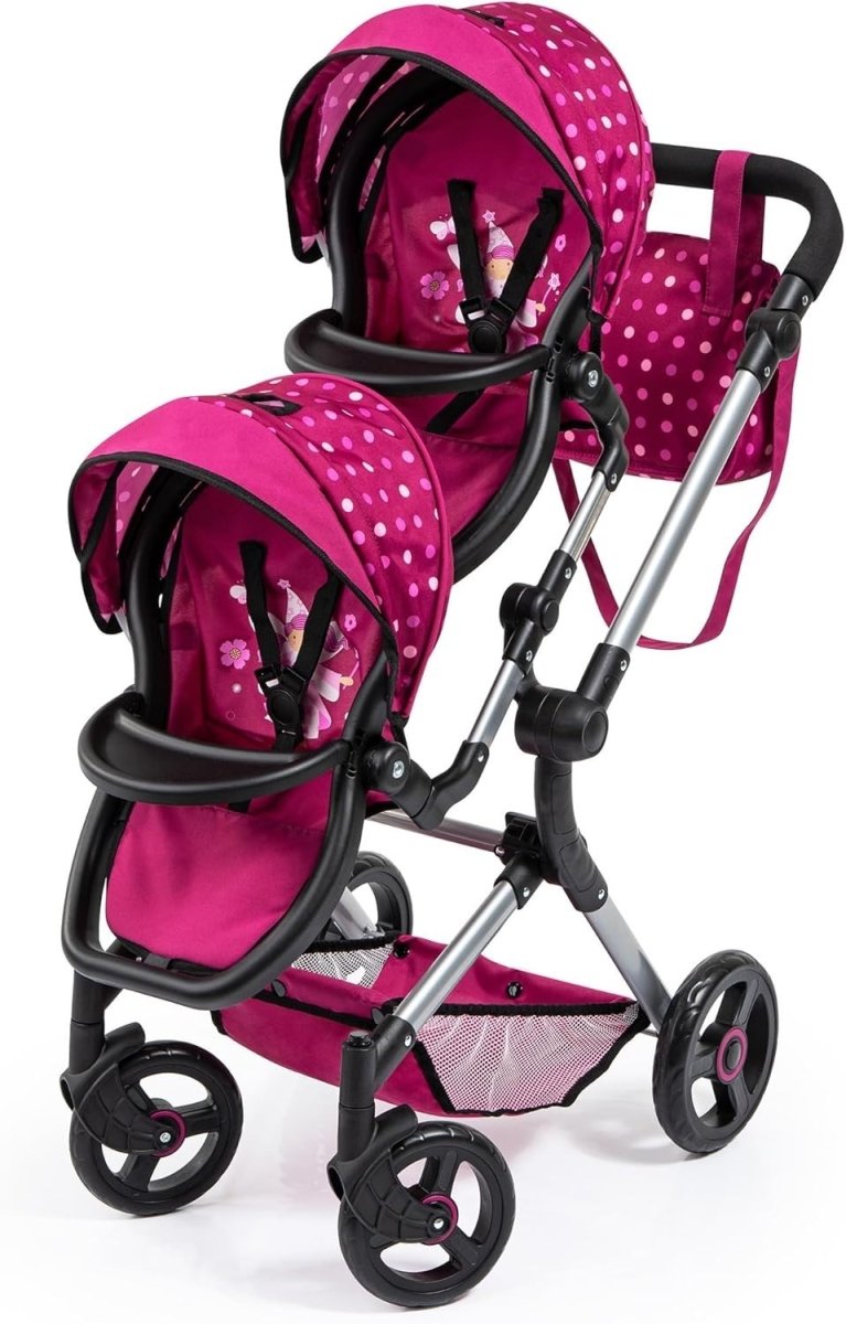 Twin Dolls Pram Tandem Pushchair Adjustable Reversible Handle Basket - Kwikley