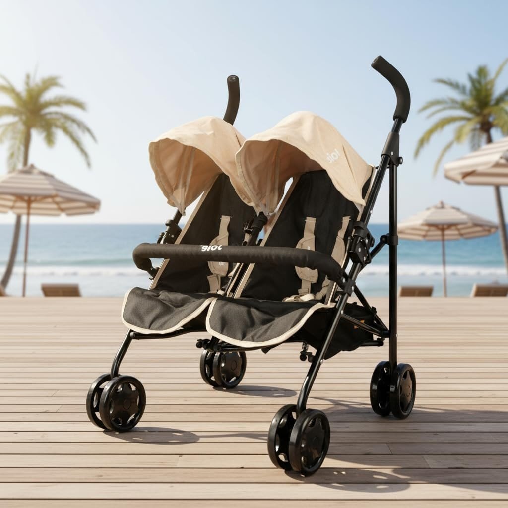 Twin Dolls Stroller Toy Umbrella Fold, Double Buggy Role Play, Ages 3+ - Kwikley