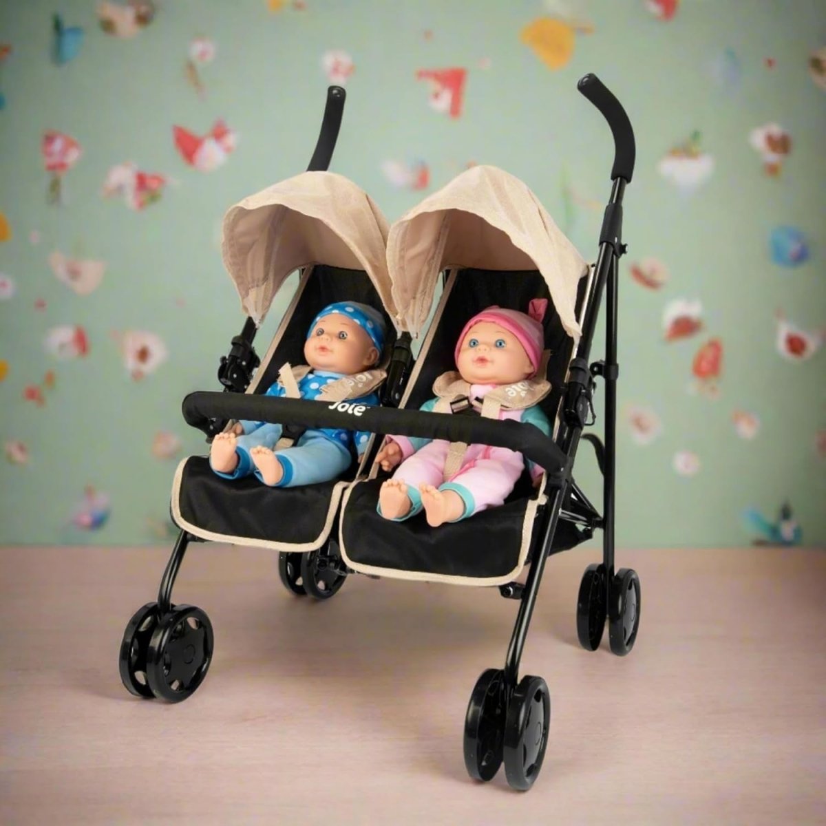 Twin Dolls Stroller Toy Umbrella Fold, Double Buggy Role Play, Ages 3+ - Kwikley