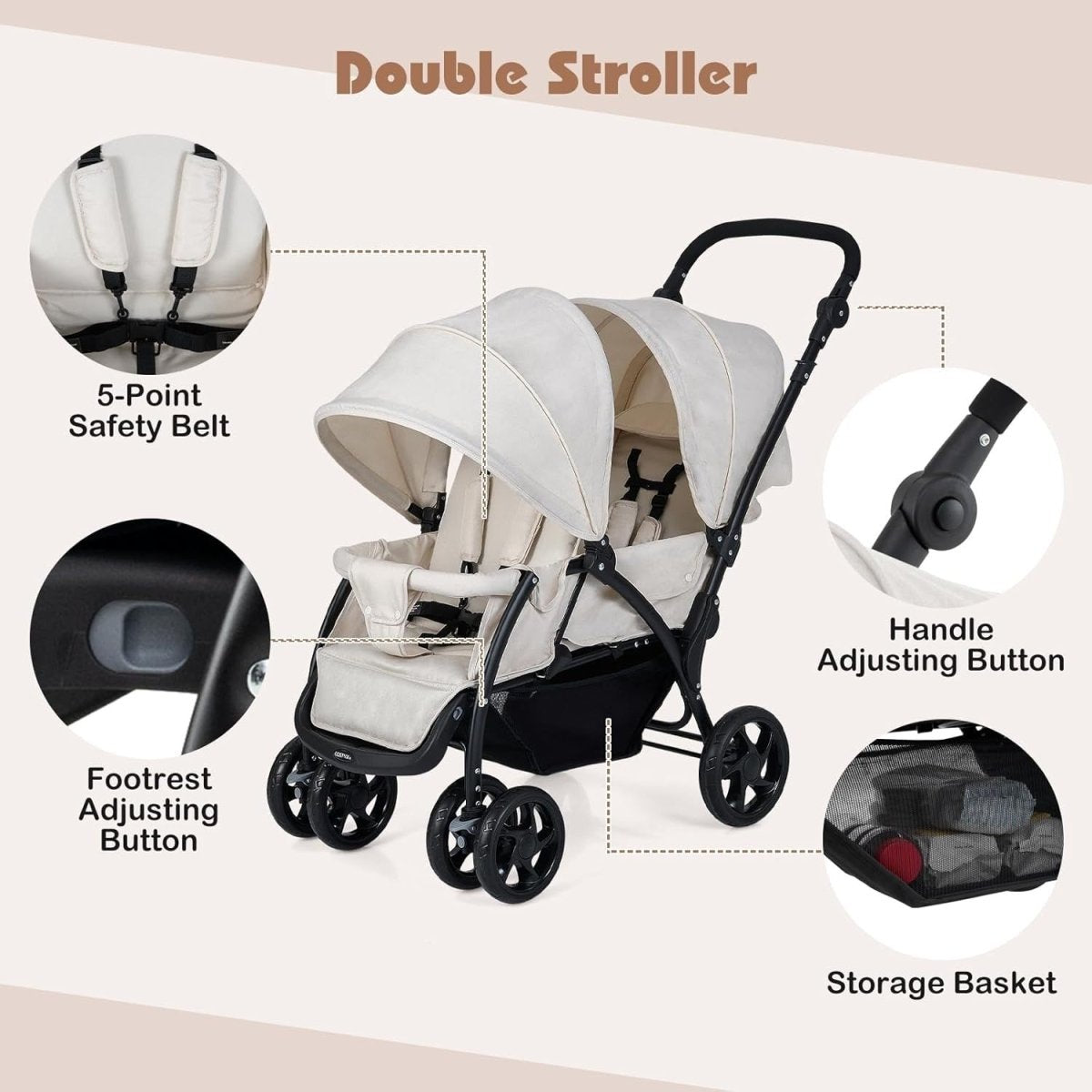 Twin Tandem Baby Stroller Beige Foldable Double Seat 5 - Point Harness Sunshade - Kwikley