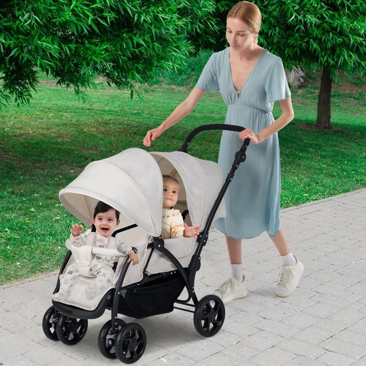 Twin Tandem Baby Stroller Beige Foldable Double Seat 5 - Point Harness Sunshade - Kwikley