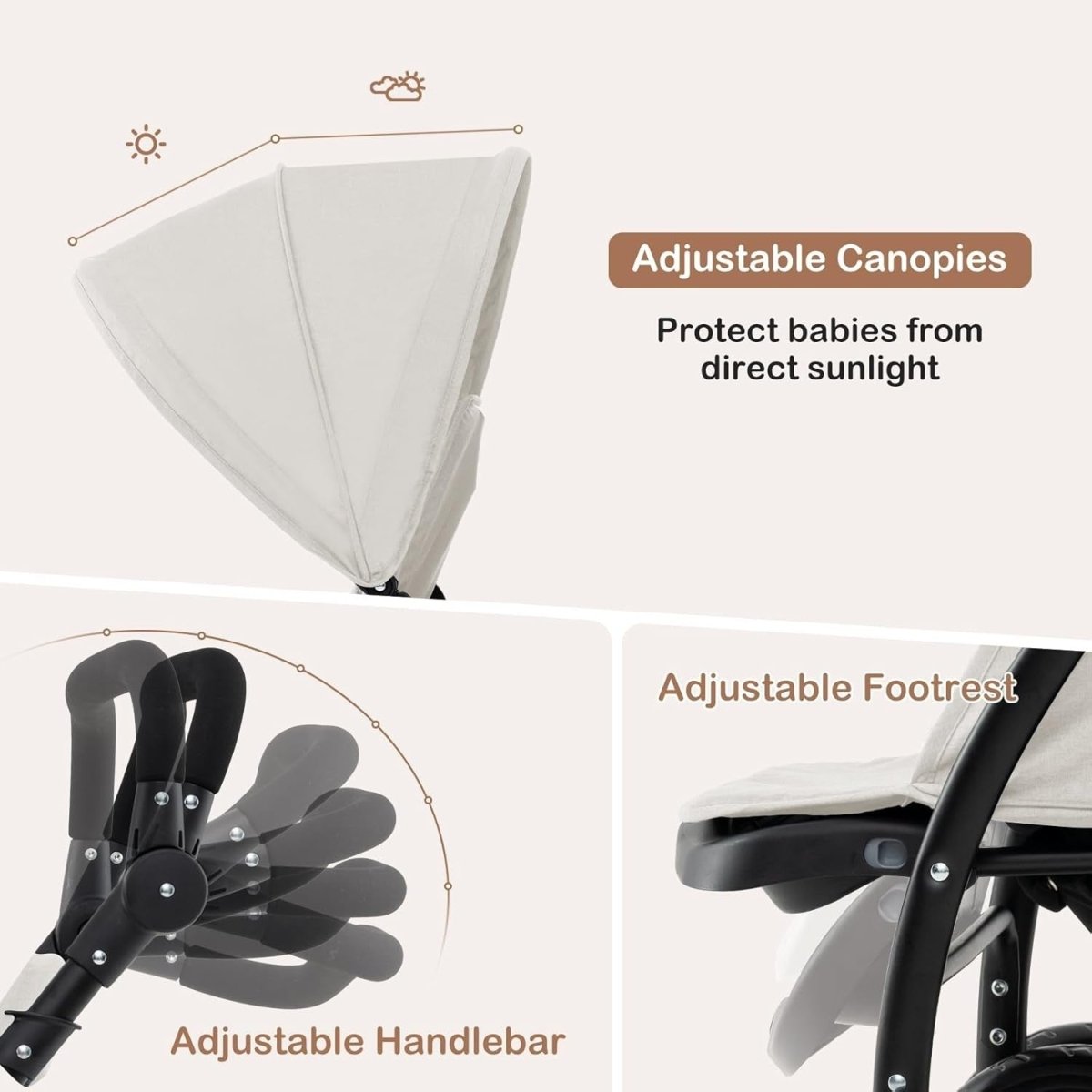 Twin Tandem Baby Stroller Beige Foldable Double Seat 5 - Point Harness Sunshade - Kwikley