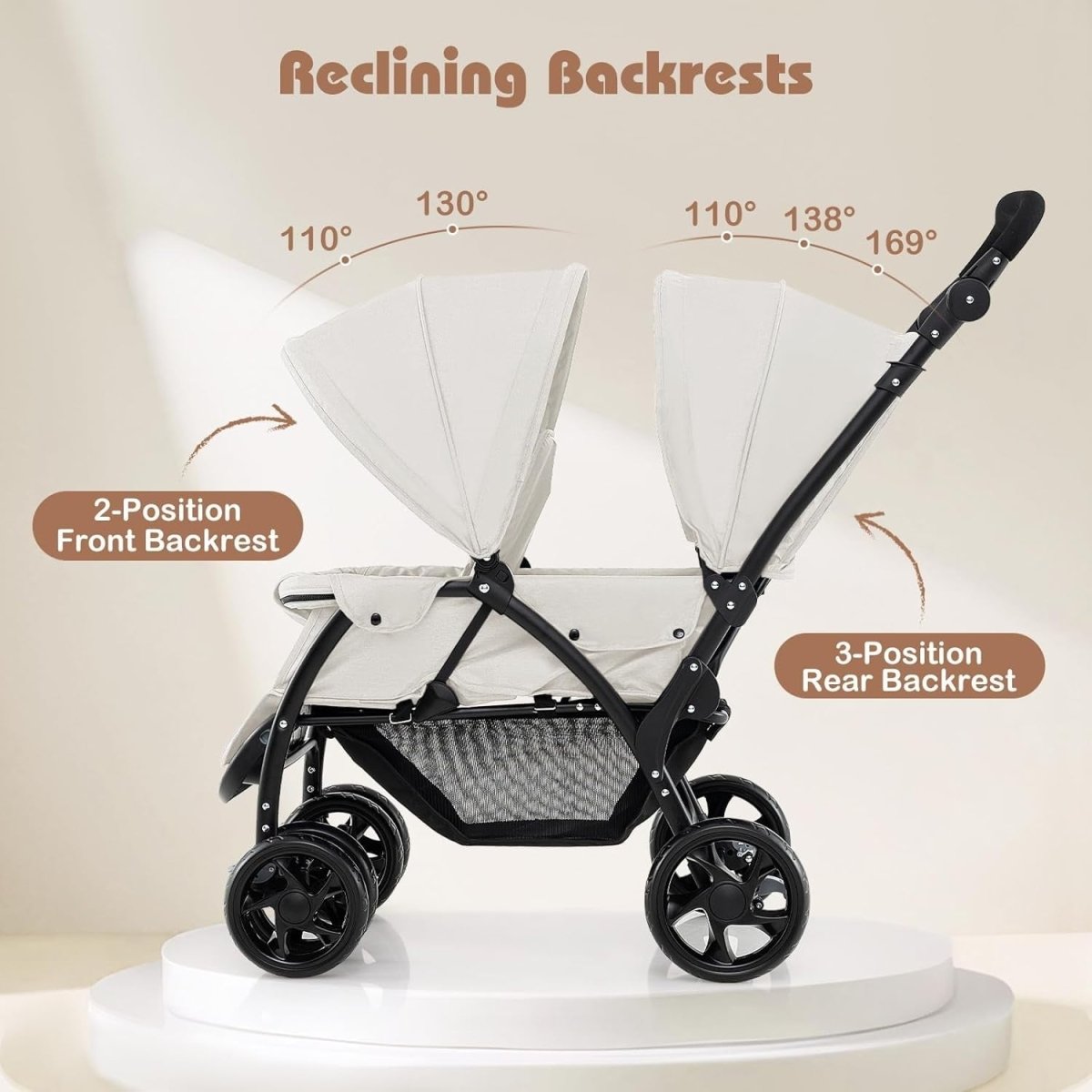 Twin Tandem Baby Stroller Beige Foldable Double Seat 5 - Point Harness Sunshade - Kwikley
