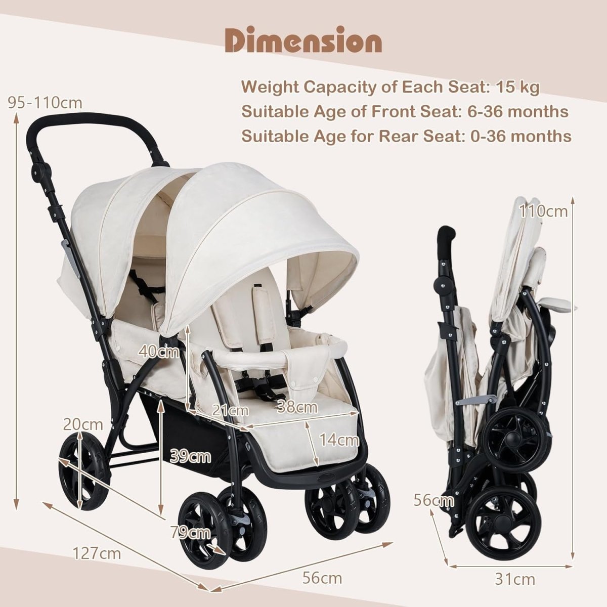 Twin Tandem Baby Stroller Beige Foldable Double Seat 5 - Point Harness Sunshade - Kwikley