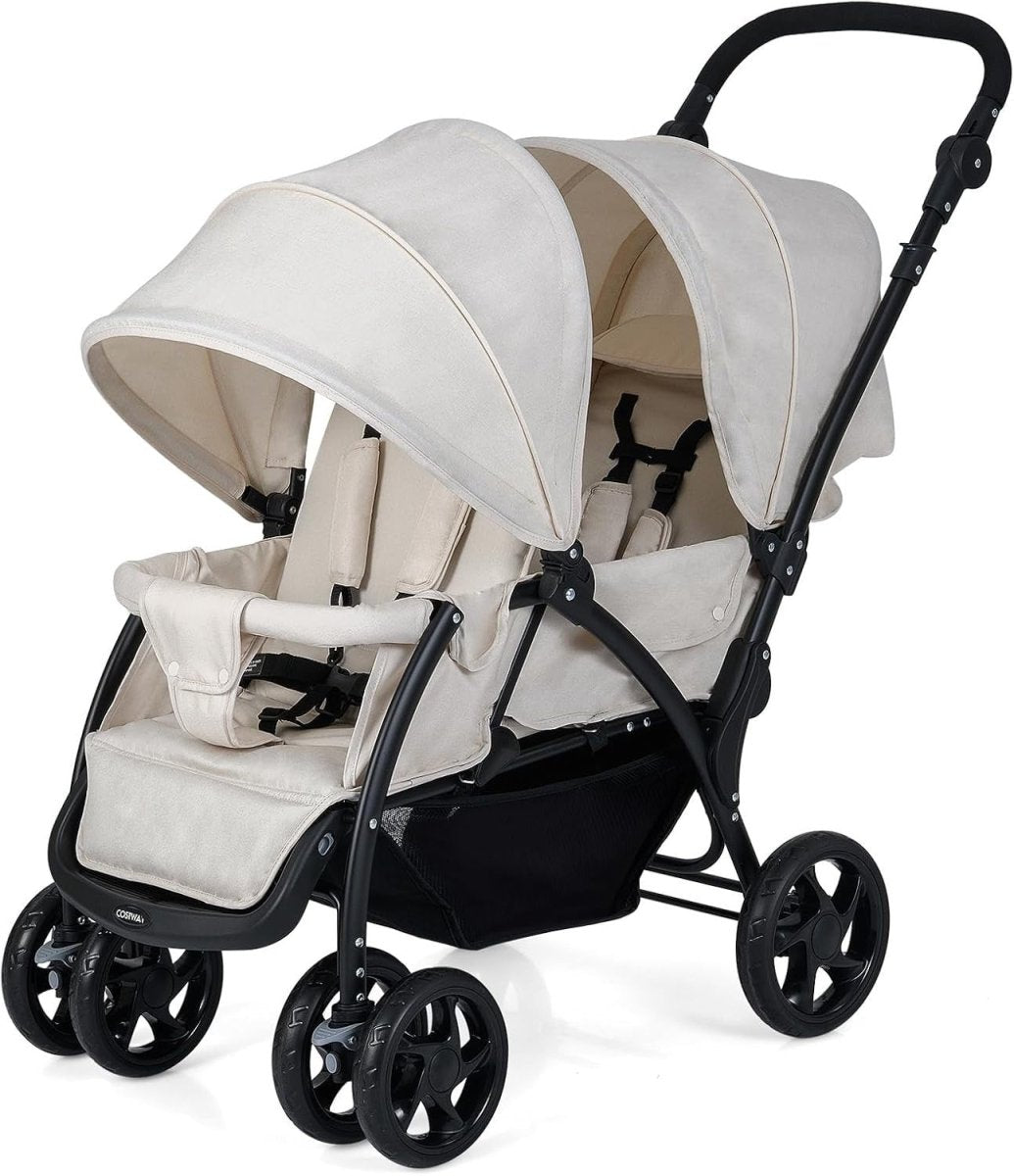 Twin Tandem Baby Stroller Beige Foldable Double Seat 5 - Point Harness Sunshade - Kwikley