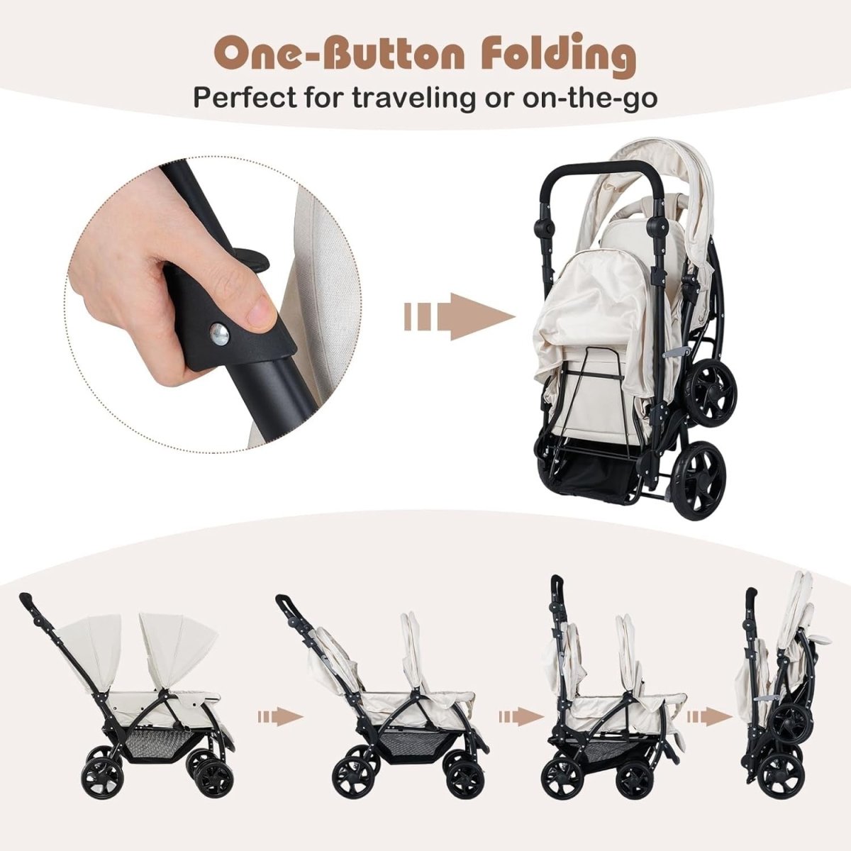 Twin Tandem Baby Stroller Beige Foldable Double Seat 5 - Point Harness Sunshade - Kwikley