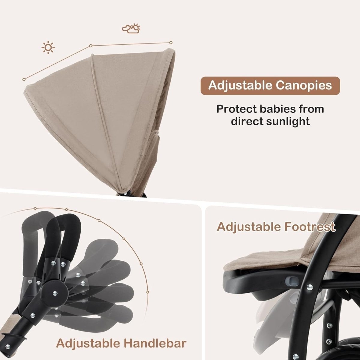 Twin Tandem Baby Stroller Khaki Foldable Double Seat 5 - Point Harness Sunshade - Kwikley