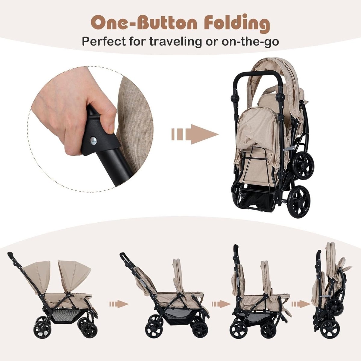 Twin Tandem Baby Stroller Khaki Foldable Double Seat 5 - Point Harness Sunshade - Kwikley