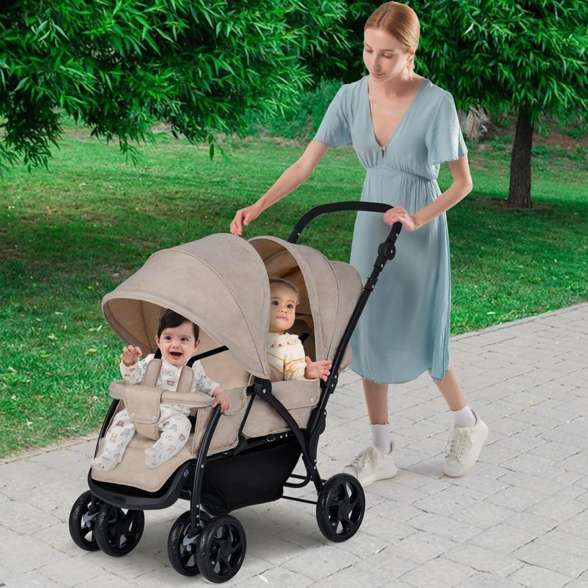 Twin Tandem Baby Stroller Khaki Foldable Double Seat 5 - Point Harness Sunshade - Kwikley