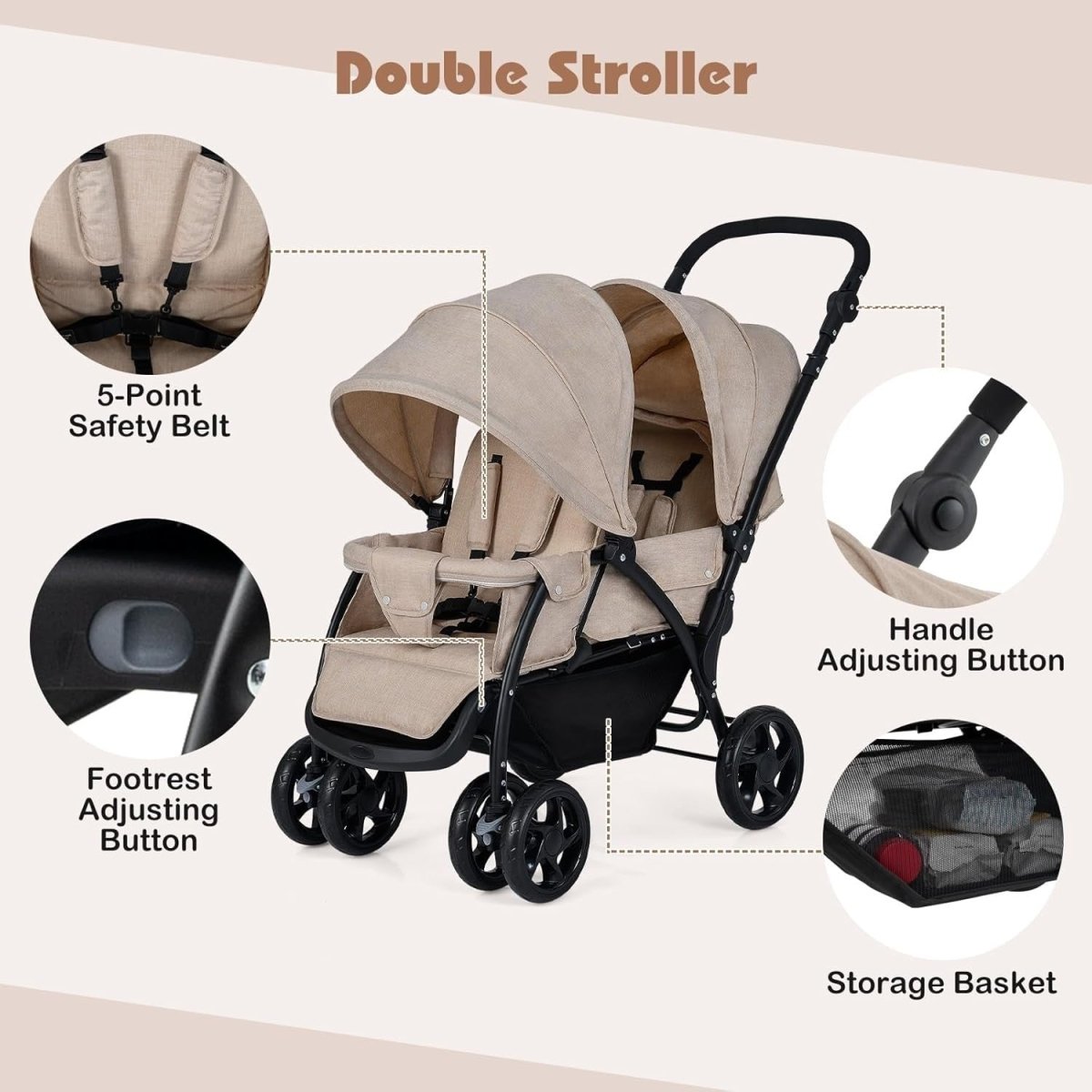 Twin Tandem Baby Stroller Khaki Foldable Double Seat 5 - Point Harness Sunshade - Kwikley