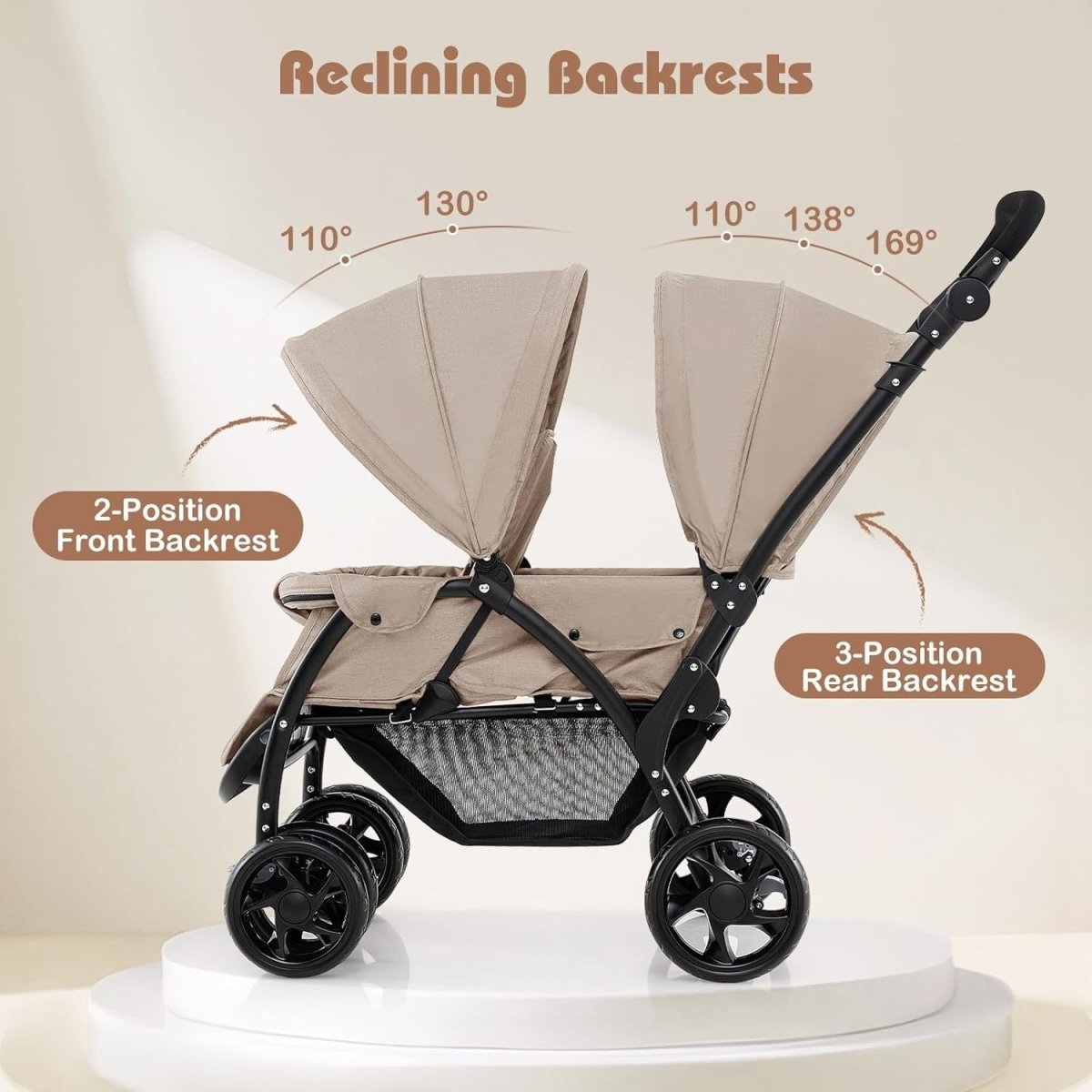 Twin Tandem Baby Stroller Khaki Foldable Double Seat 5 - Point Harness Sunshade - Kwikley