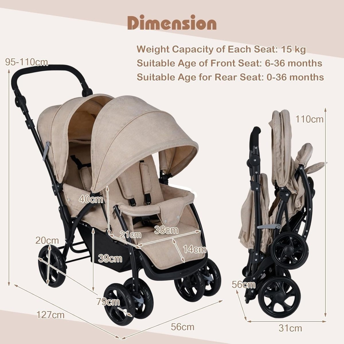 Twin Tandem Baby Stroller Khaki Foldable Double Seat 5 - Point Harness Sunshade - Kwikley