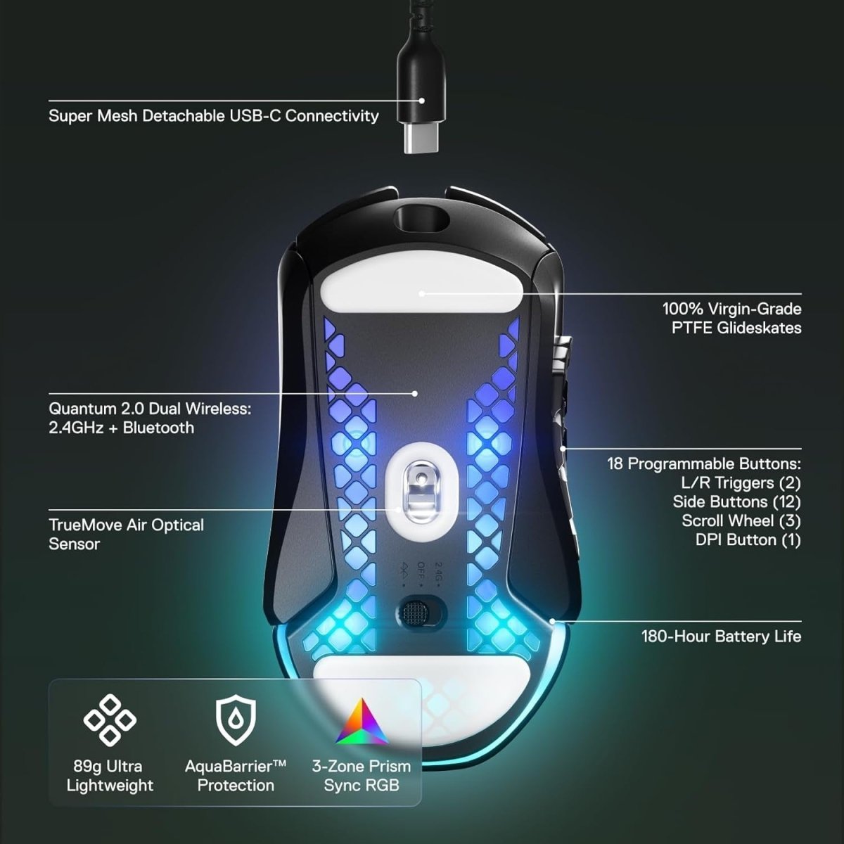 Ultra - Light RGB Gaming Mouse 18 Buttons 18K DPI Wireless Bluetooth - Kwikley