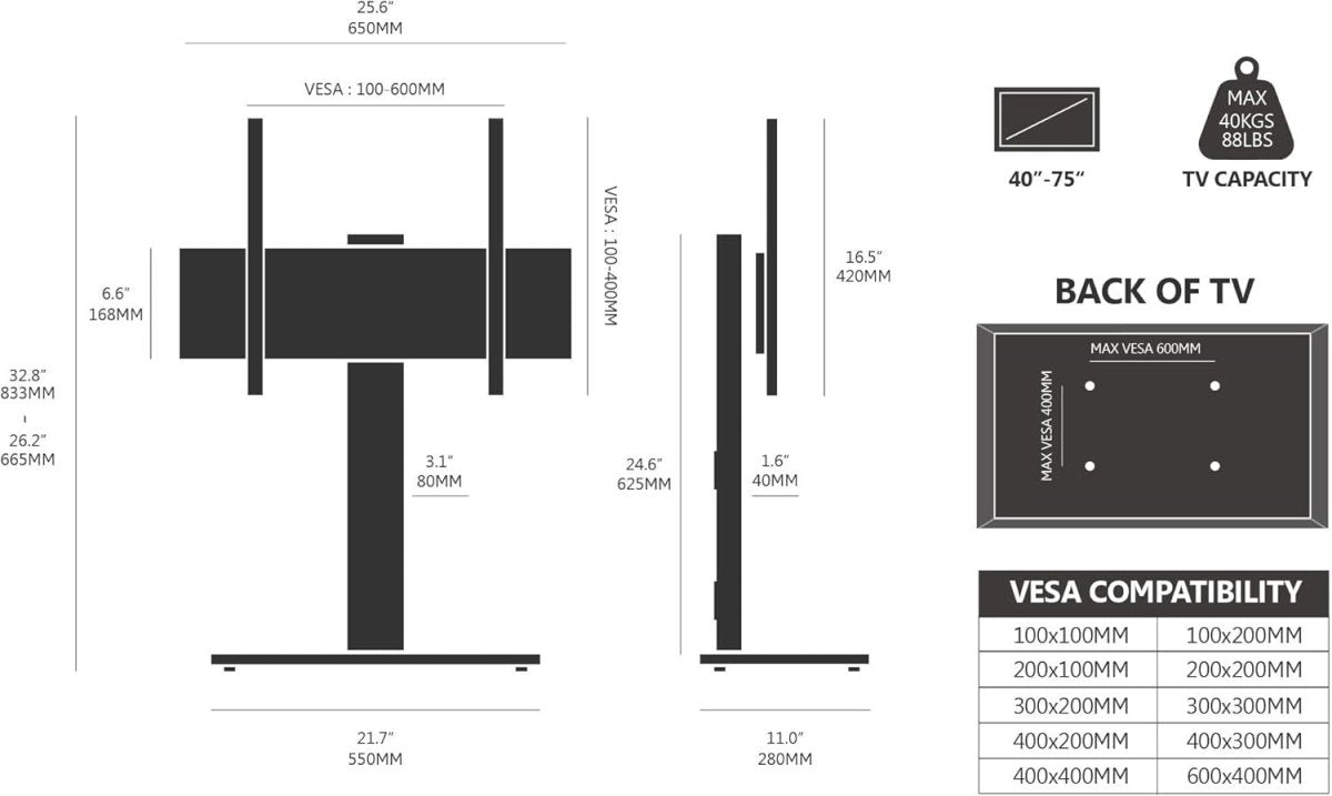 Universal TV Stand 40-75" Swivel Height Adjustable Glass Base 40kg Max Load - Kwikley